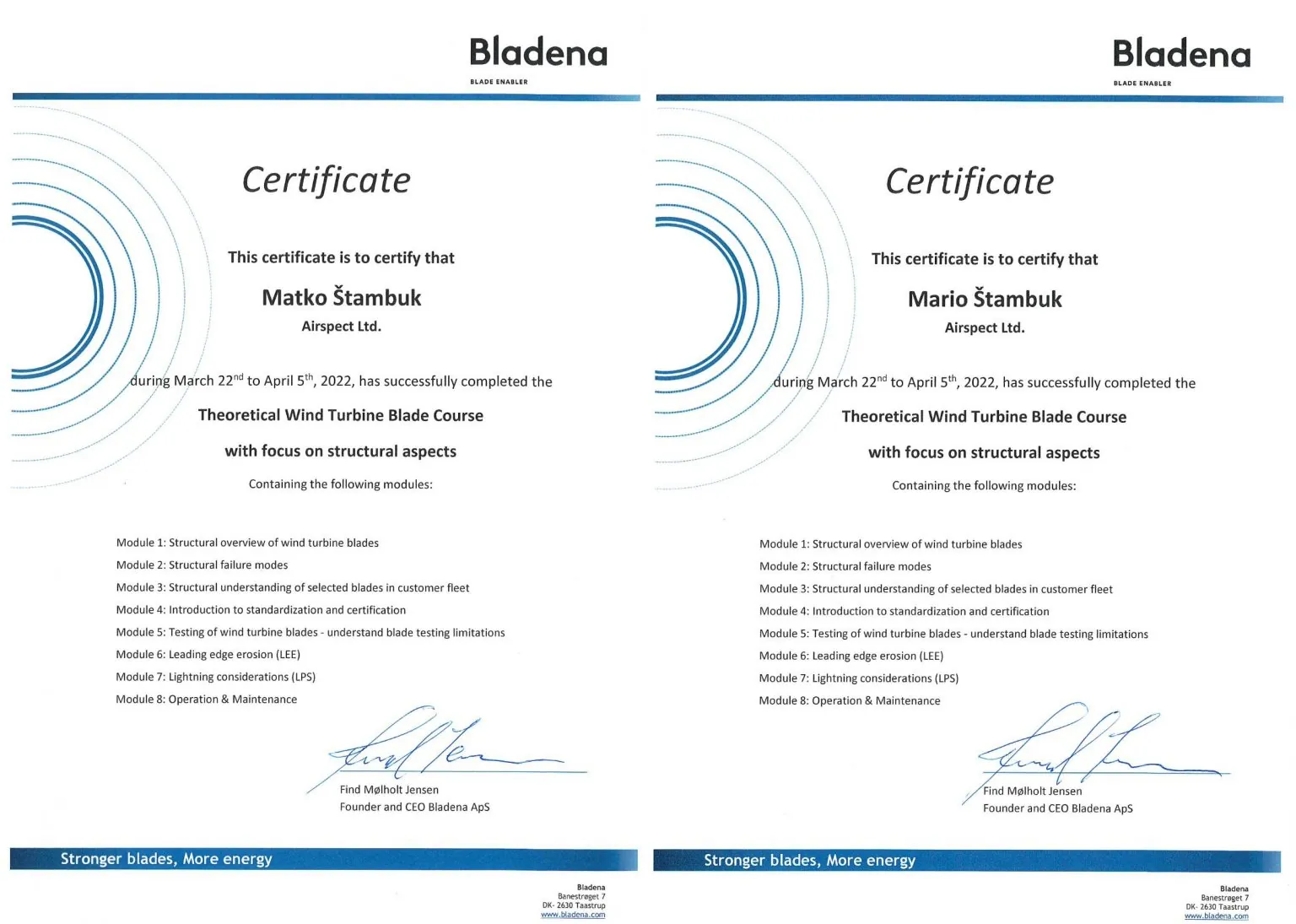 Bladena certifikati Matka Štambuka i Marija Štambuka